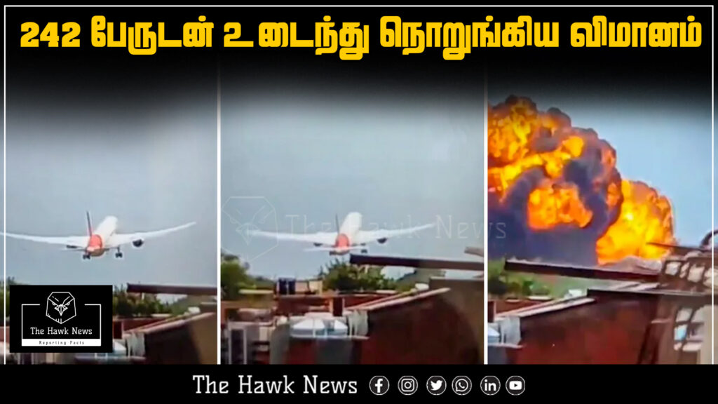 Image depicting a devastating plane crash involving 242 passengers, with the aircraft breaking apart mid-air.