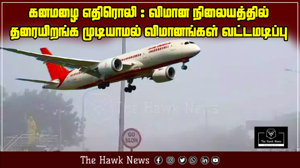 Overhead view of multiple passenger planes circling in a cloudy, stormy sky over a rain-soaked city, with airport lights visible below, symbolizing flight delays due to heavy monsoon rains in Chennai.