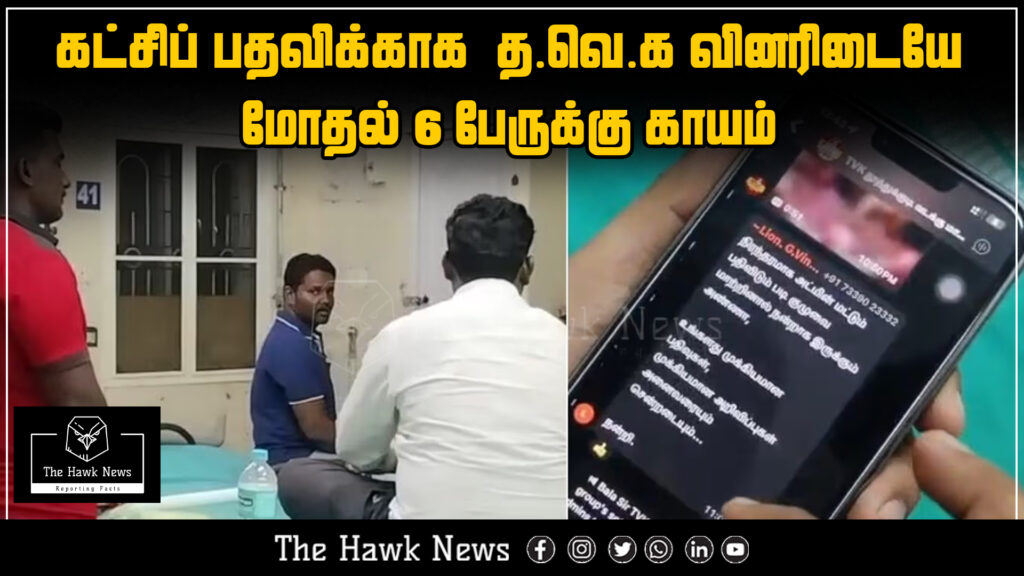 "Violent clash between DMDK party members leaves six injured during dispute over party post."