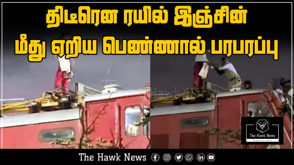 "Image depicting a tense moment as a woman suddenly climbs onto a train engine, causing panic at the station."